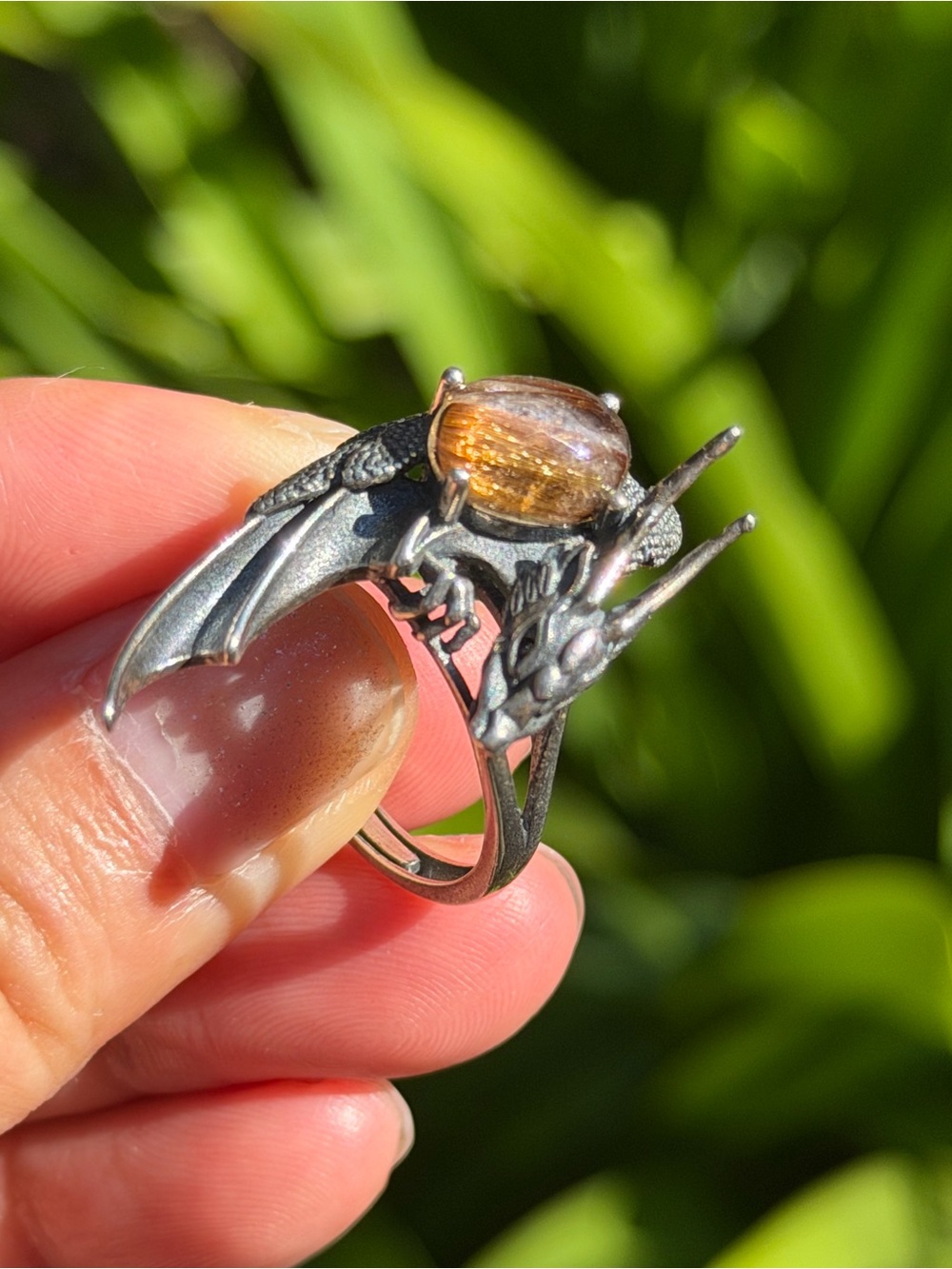 Handcrafted Bat Ring with Amber Stone - Women Jewelry Palo